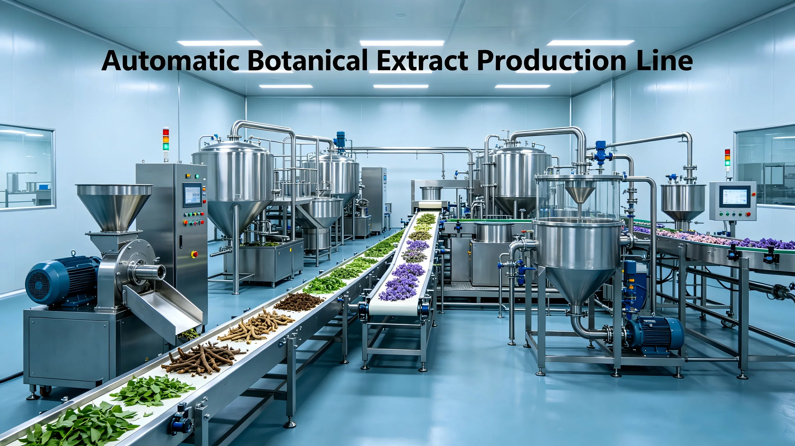 Automatic botanical extract production line - conveyor belts processing fresh herbs through stainless steel equipment