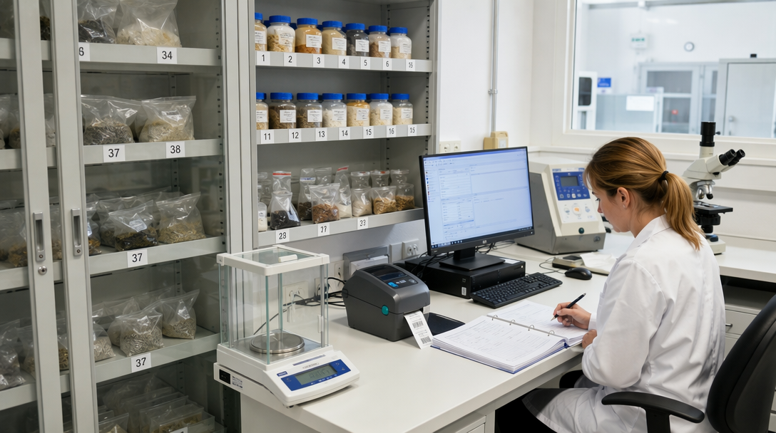 QC analyst performing raw material inspection and documentation in quality control lab