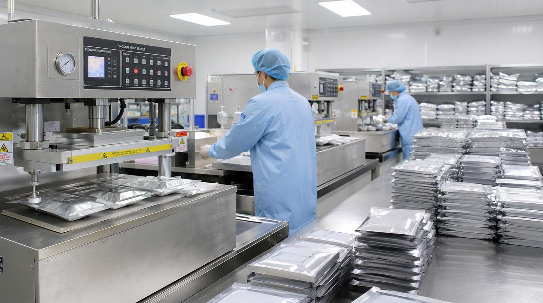 Automatic vacuum sealing packaging workshop - gloved operator managing precision packaging machinery in cleanroom environment